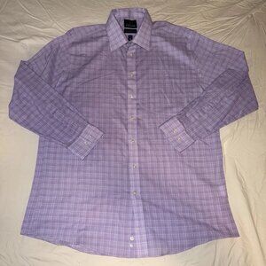 Stafford Travel Dress Shirt 17 34/35 Fitted Purple Plaid Easy Care Broadcloth